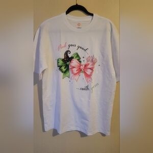 White T-Shirt with Pink and Green Bow Design